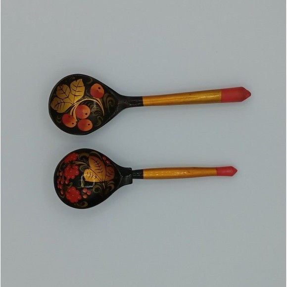 Vintage Khokhloma Russian Wooden Lacquer Hand Painted Spoons - Picture 7 of 7